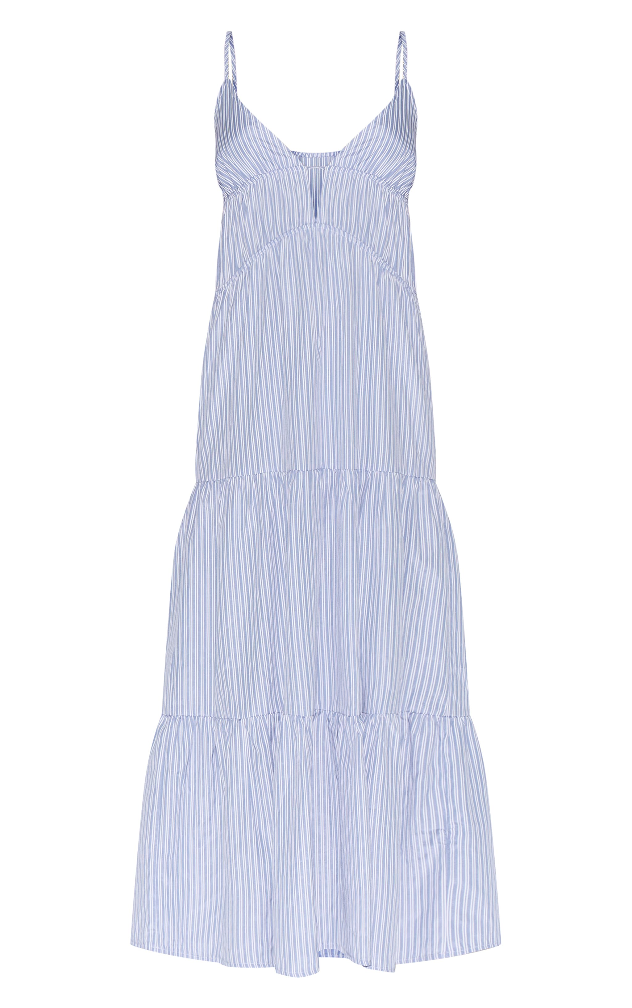 Petite Robe longue bleue finement rayée à bretelles fines et étages image 5