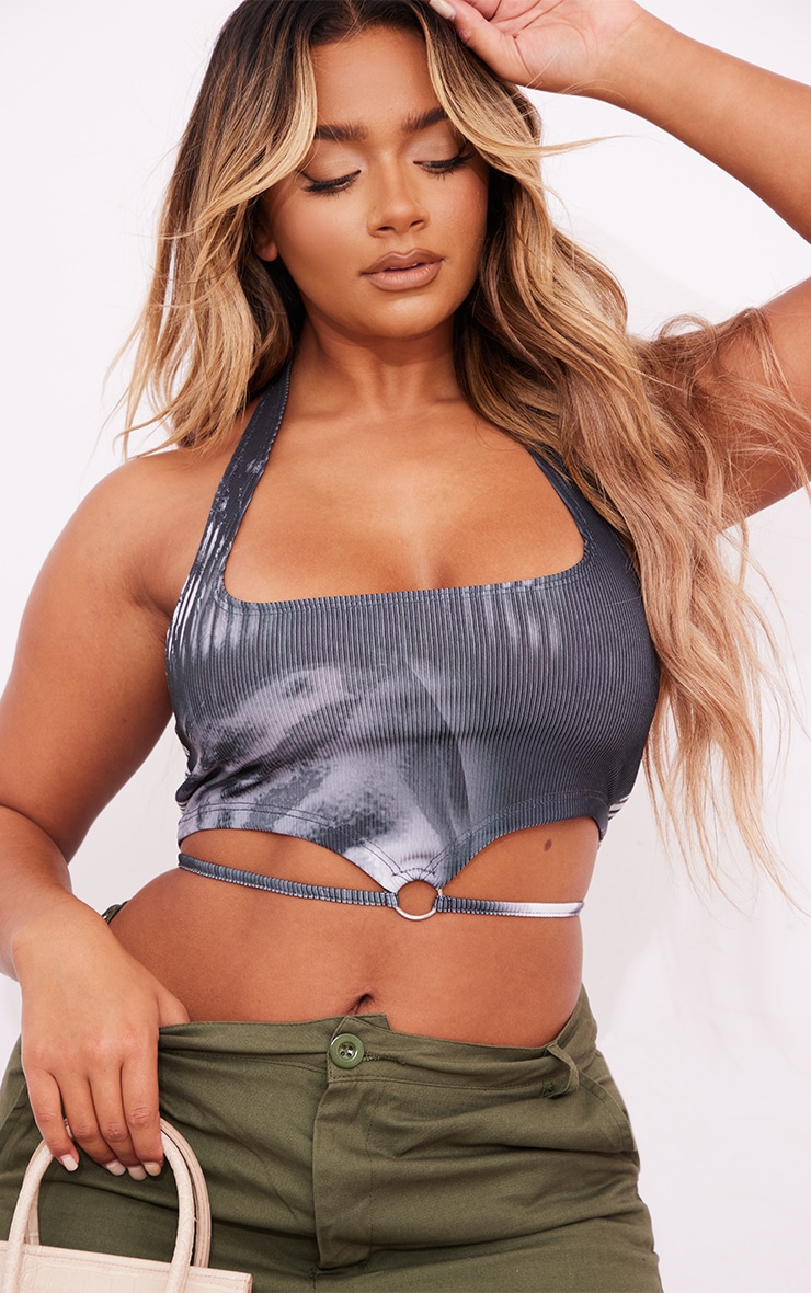 Shape Black Body Print Rib Ring Detail Tie Crop Top image 4