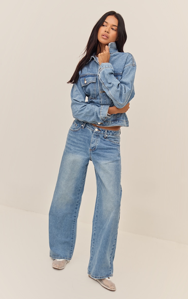 Mid Blue Wash Pleated Cinch Back Denim Jacket image 3