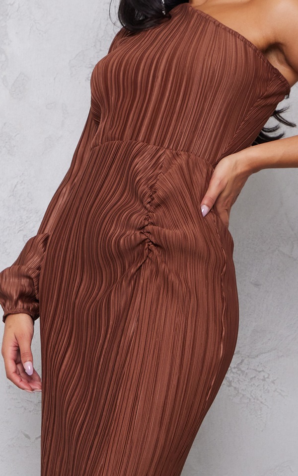 Robe Longue Asymétrique Plissée Froncée Chocolat | Robes | PLT FR