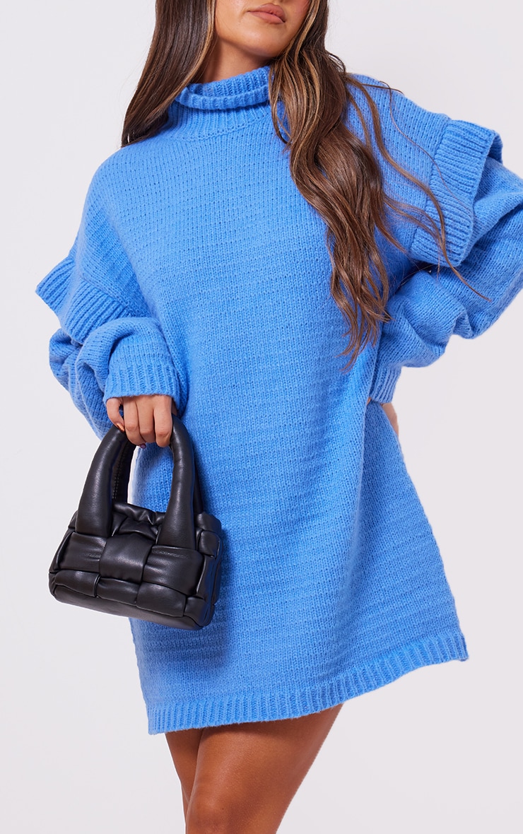 Powder Blue Sleeve Frill Knitted Jumper Dress PrettyLittleThing