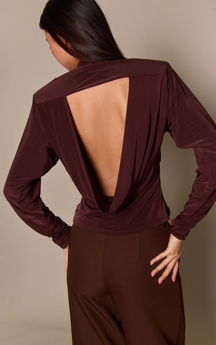 Chocolate Slinky Cowl Back Slouchy Long Sleeve Top  image 1
