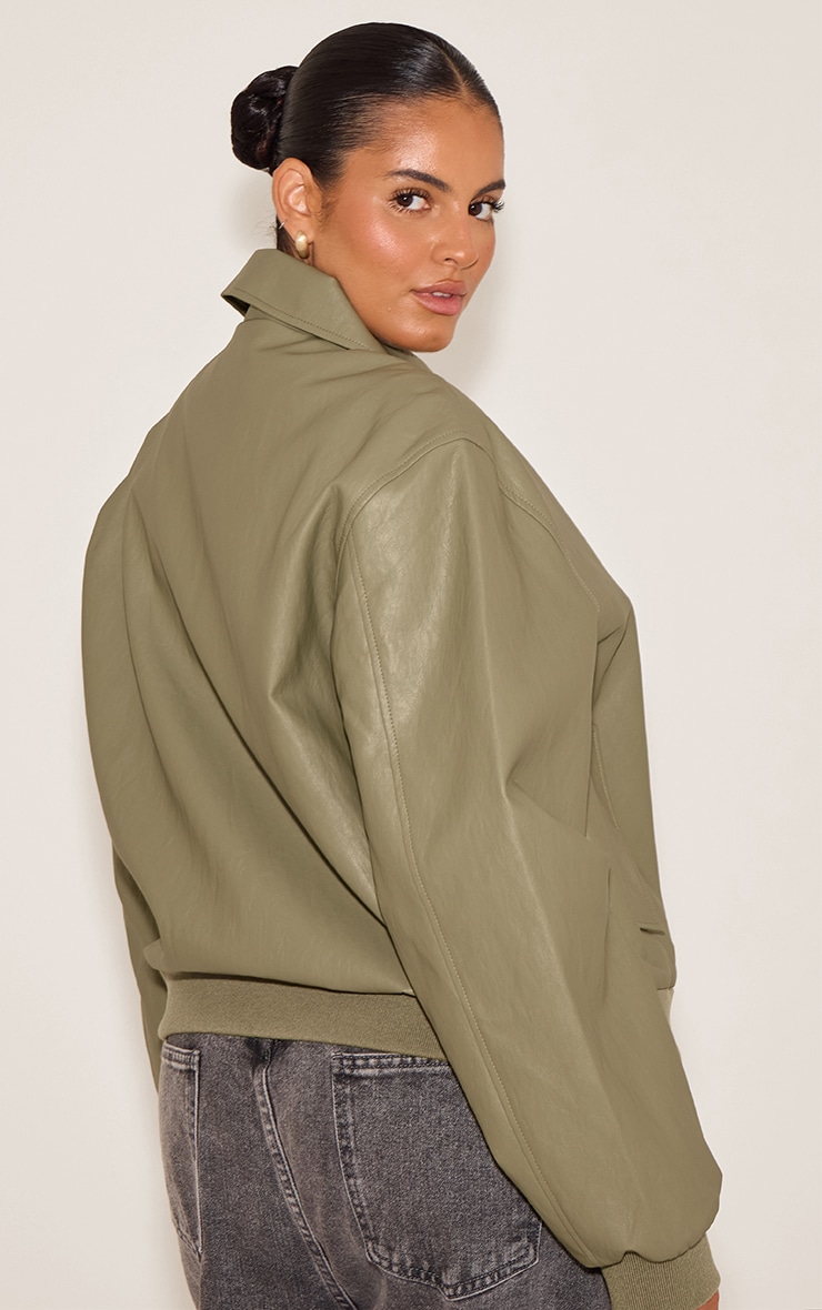 Plus Olive Faux Leather Bomber Jacket image 2