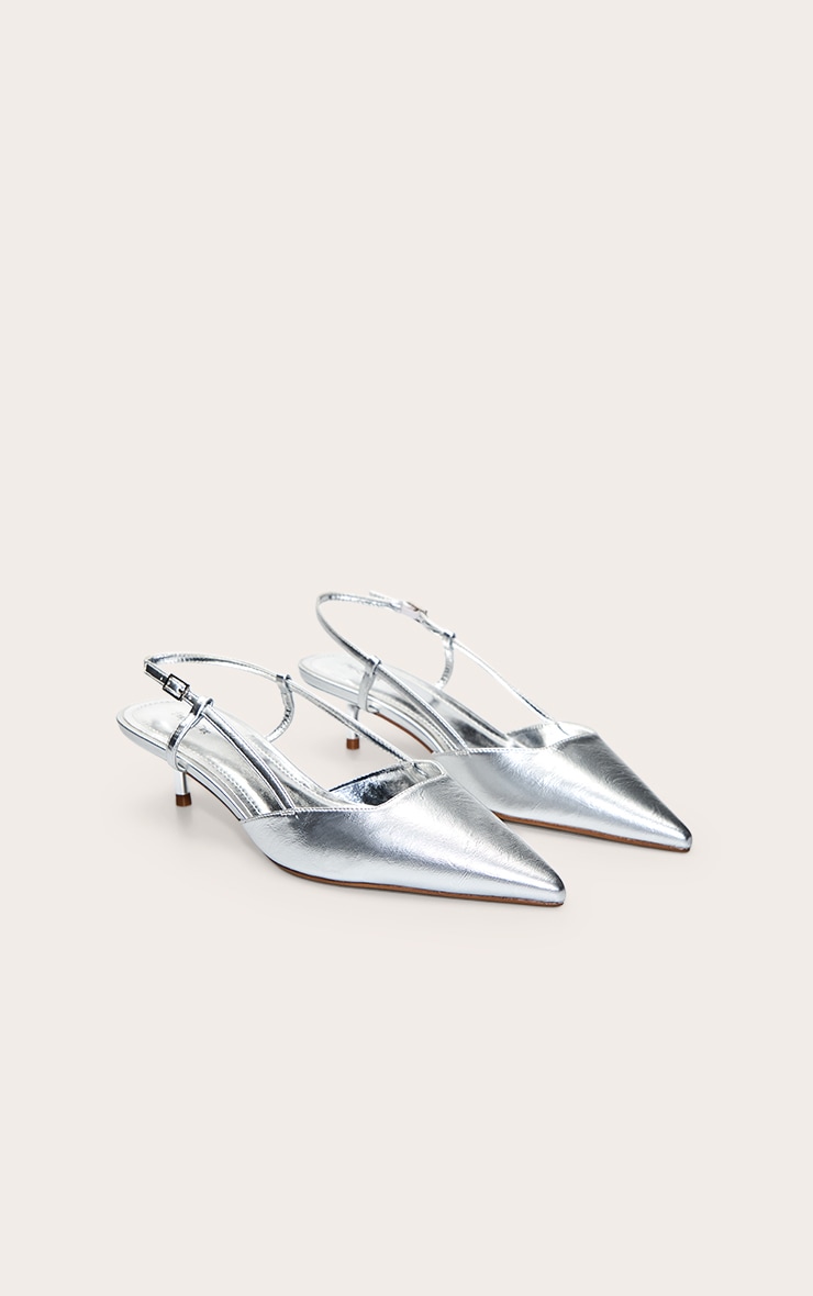 Escarpins en PU argenté à talon kitten et bride derrière image 3