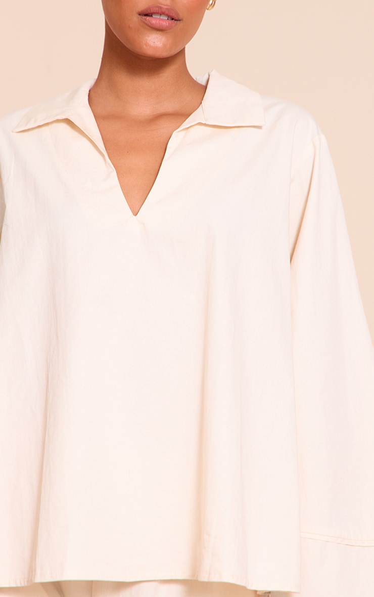 Cream Cotton Woven Boxy Long Sleeve Collar Top image 4