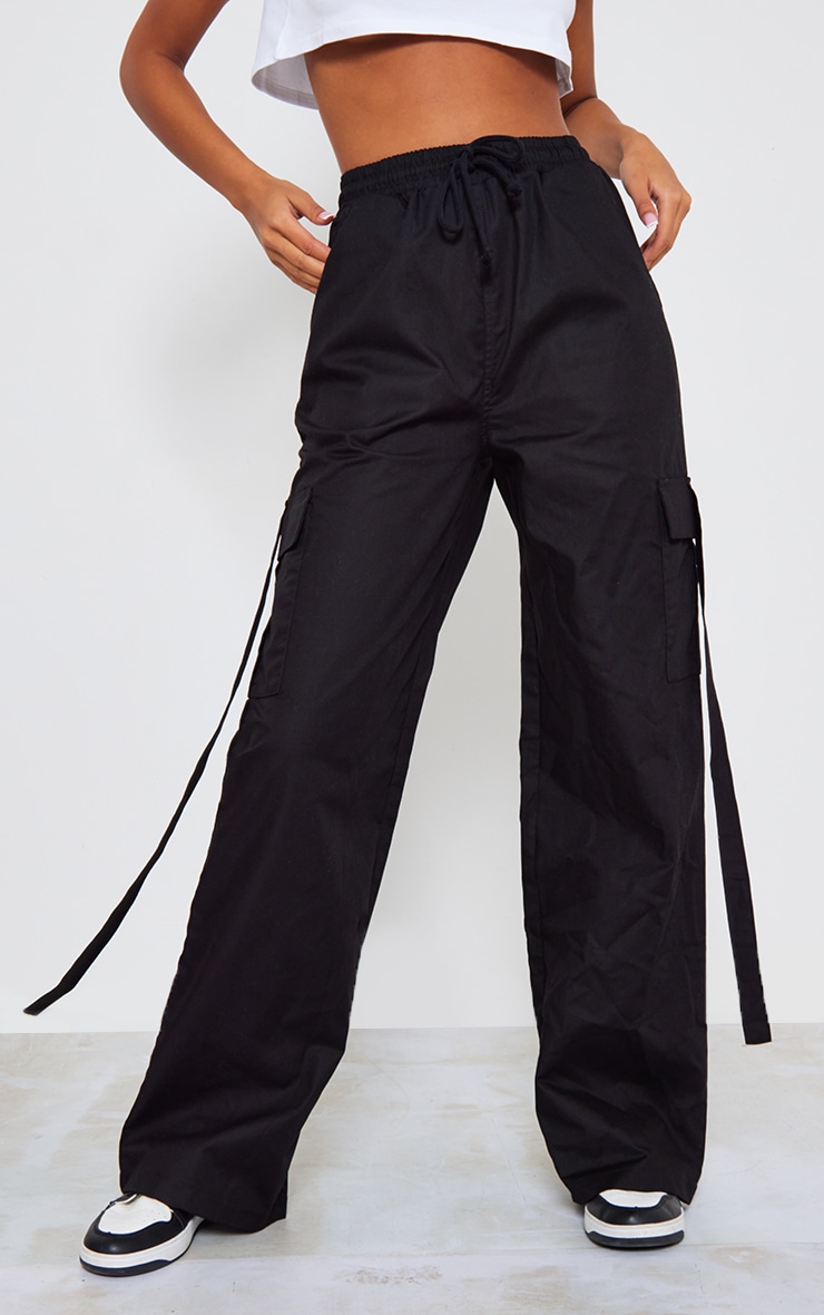 Tall Black Cargos With Tie Side Pockets PrettyLittleThing