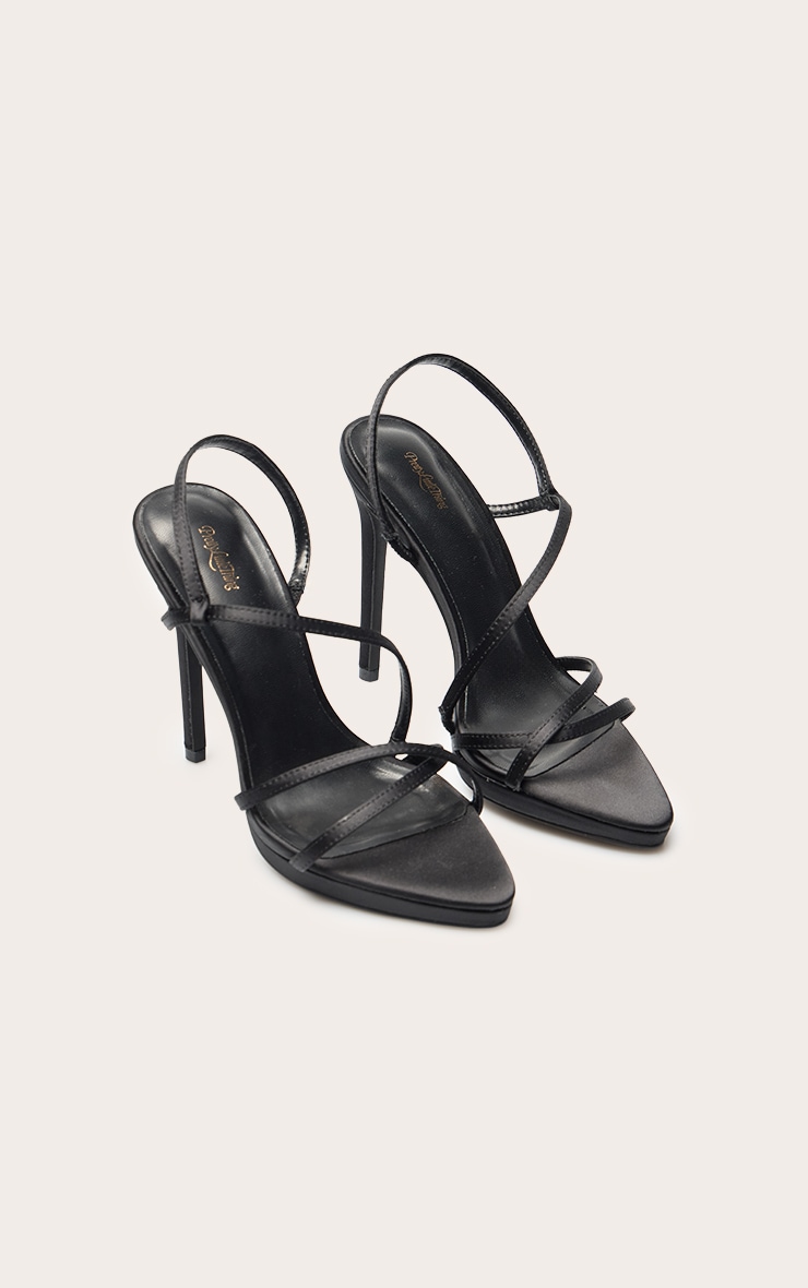 Black Satin Strappy Platform Heeled Sandals image 4
