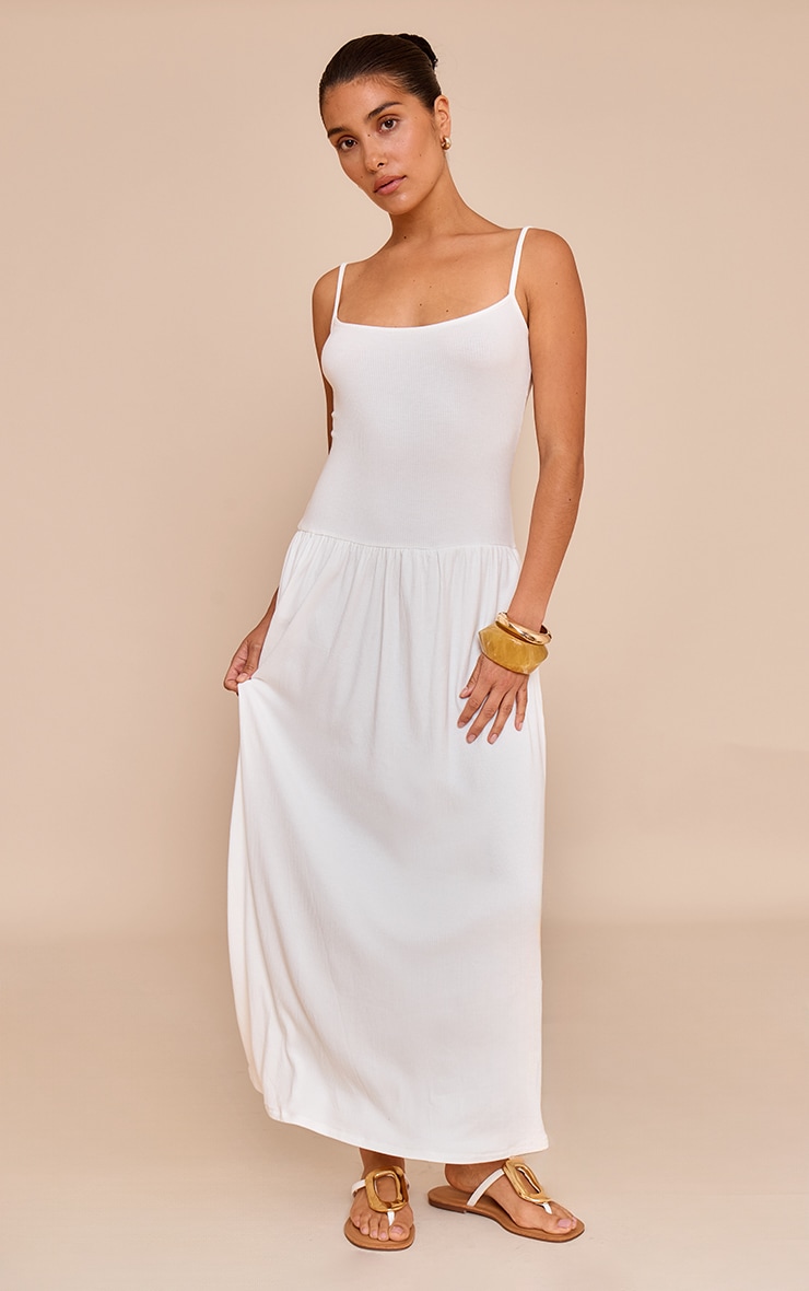 Petite White Strappy Ribbed Flowy Maxi Dress image 1