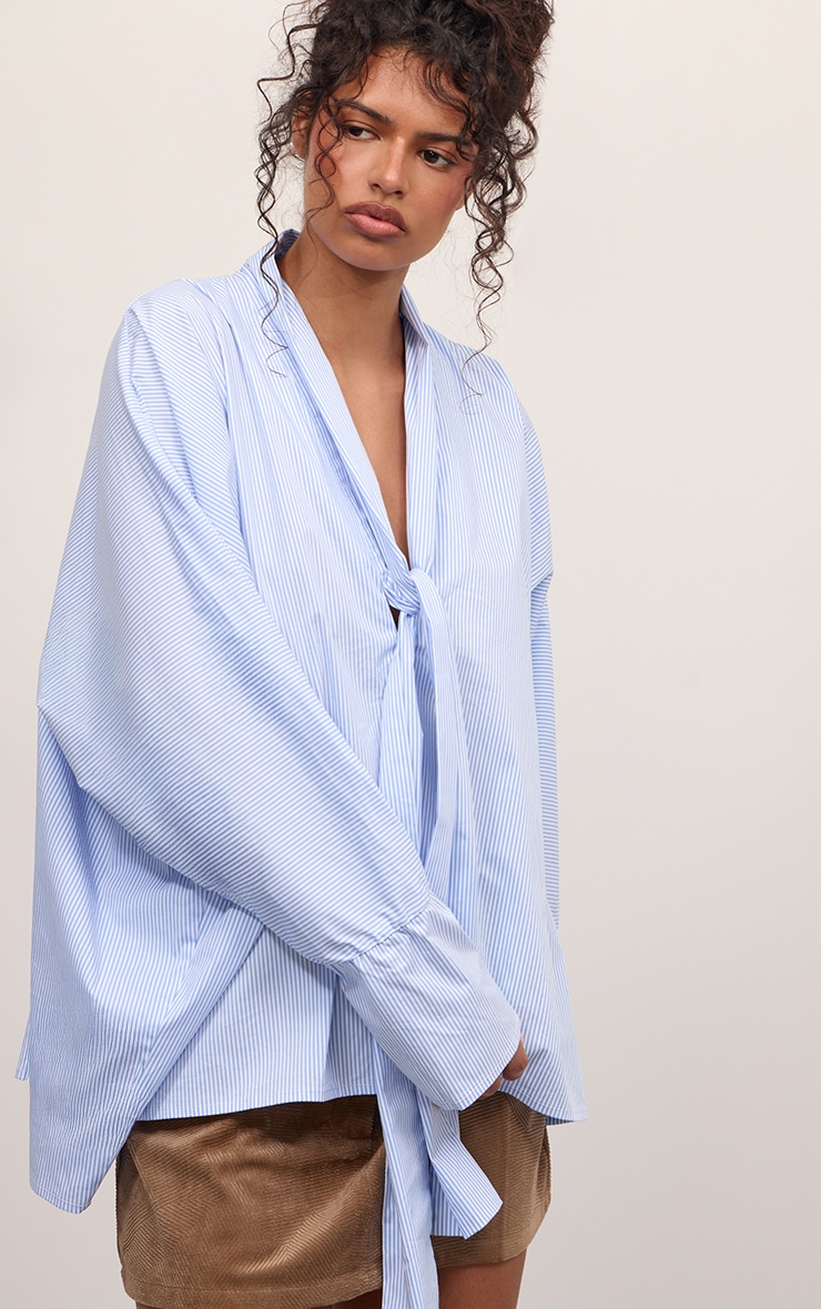 Blue Pinstripe Tie Detail Slouchy Shirt