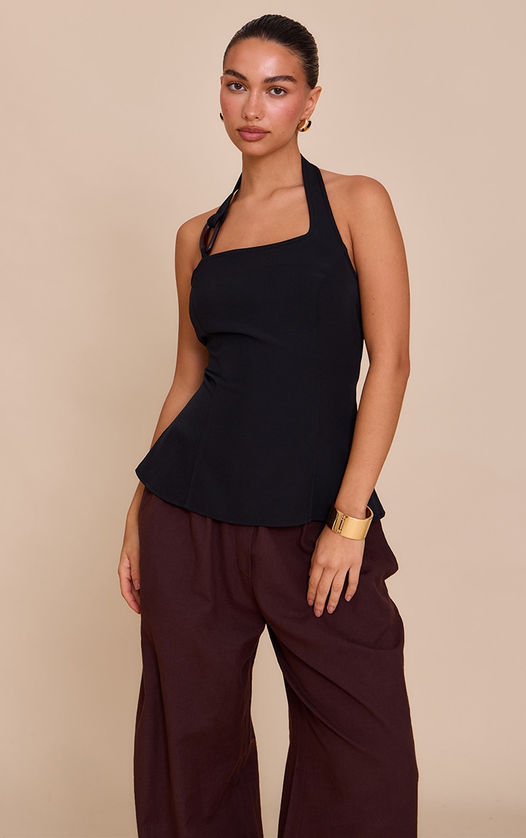 Black Woven Halterneck Trim Detail Top image 4