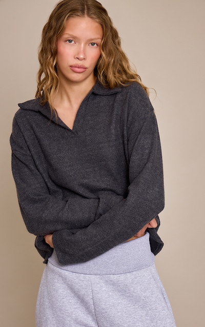 Charcoal Wool Rib Collar Detail Long Sleeve Slouchy Top