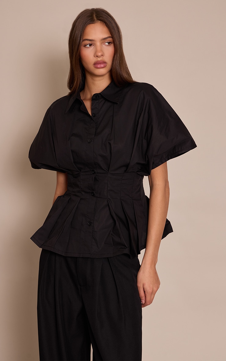 Black Pleated Cinched Waist Short Sleeve Shirt