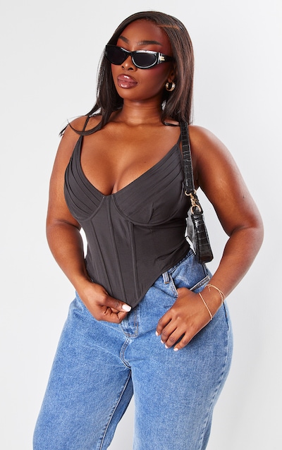 Plus Black V Neck Boning Detail Corset Top