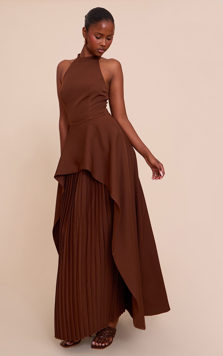 Chocolate Woven Halterneck Pleated Underlay Maxi Dress image 3