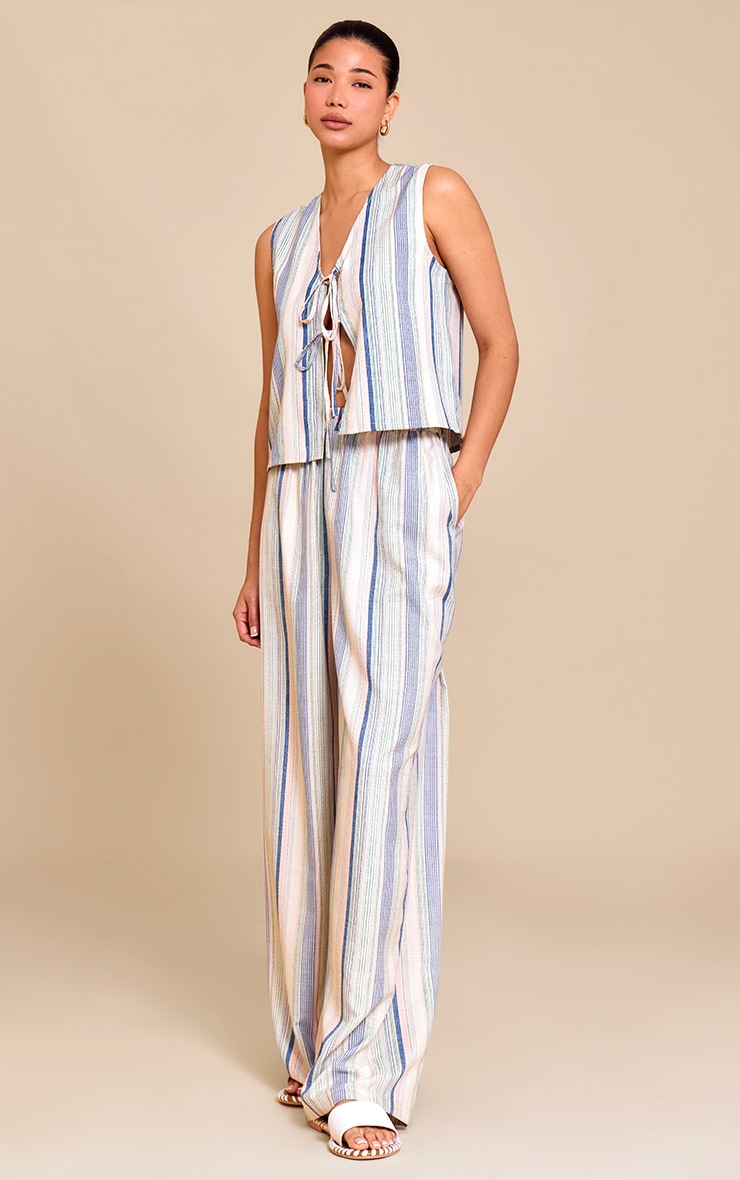 Pale Blue Linen Look Pinstripe Tie Front Vest image 3