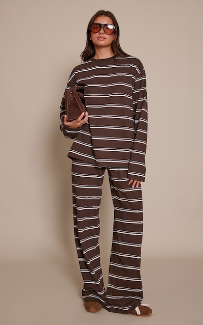 Dark Brown Striped Wide Leg Drawstring Trousers