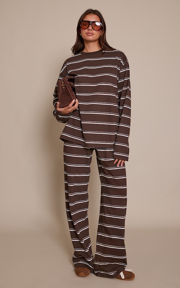 Dark Brown Striped Wide Leg Drawstring Trousers