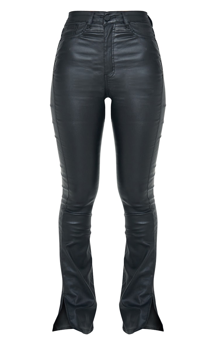 Black coated denim split hem flares Clearance