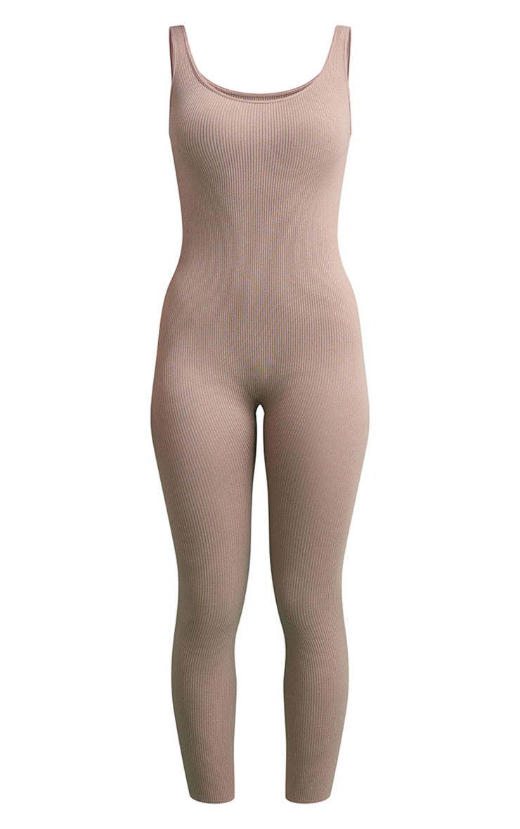 Taupe Scoop Neck Structured Snatched Ribbed Jumpsuit image 5