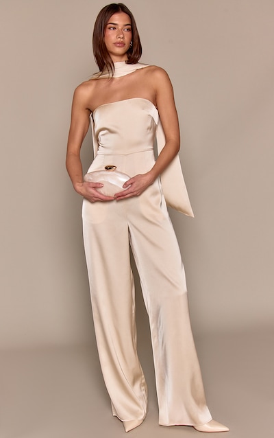 Champagne Satin Bandeau Scarf Detail Jumpsuit