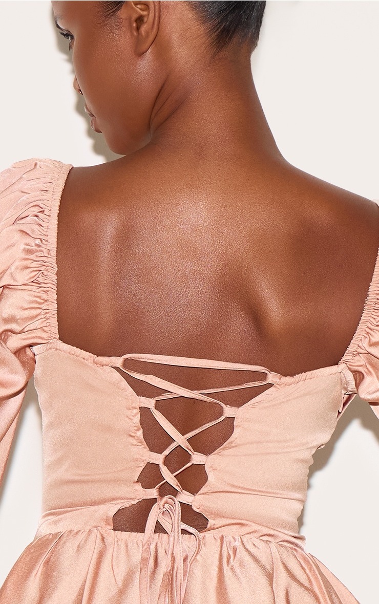Dusty Peach Satin Corset Detail Puffball Skater Dress image 4