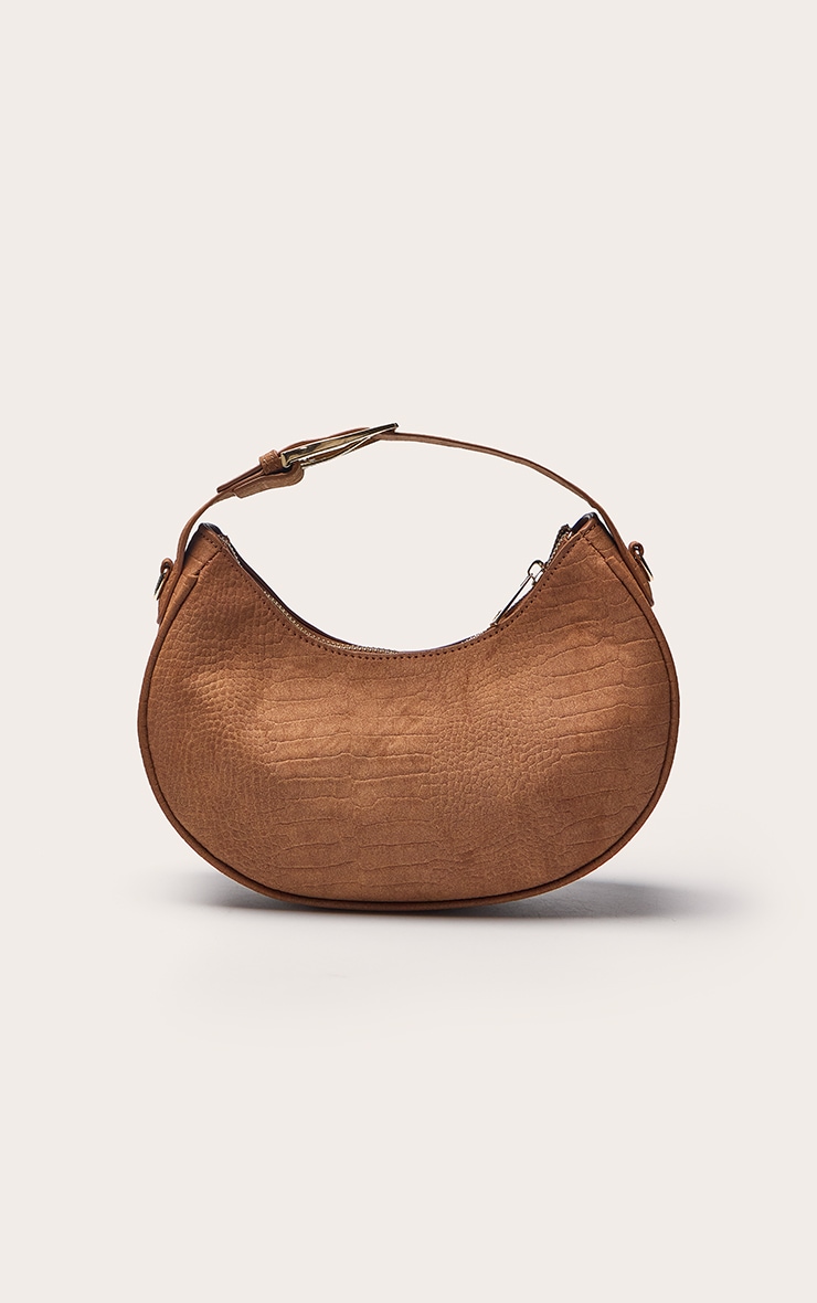 Tan Faux Suede Croc Crescent Shoulder Bag image 2