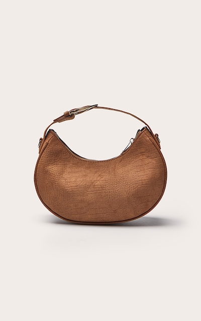 Sac à main en suédine marron clair effet croco en demi-lune