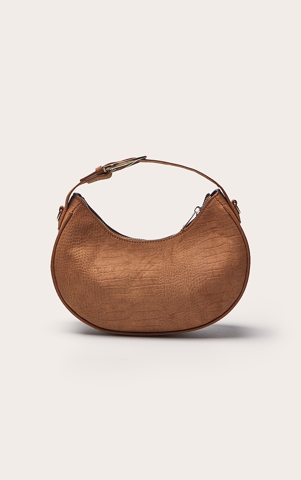 Tan Faux Suede Croc Crescent Shoulder Bag