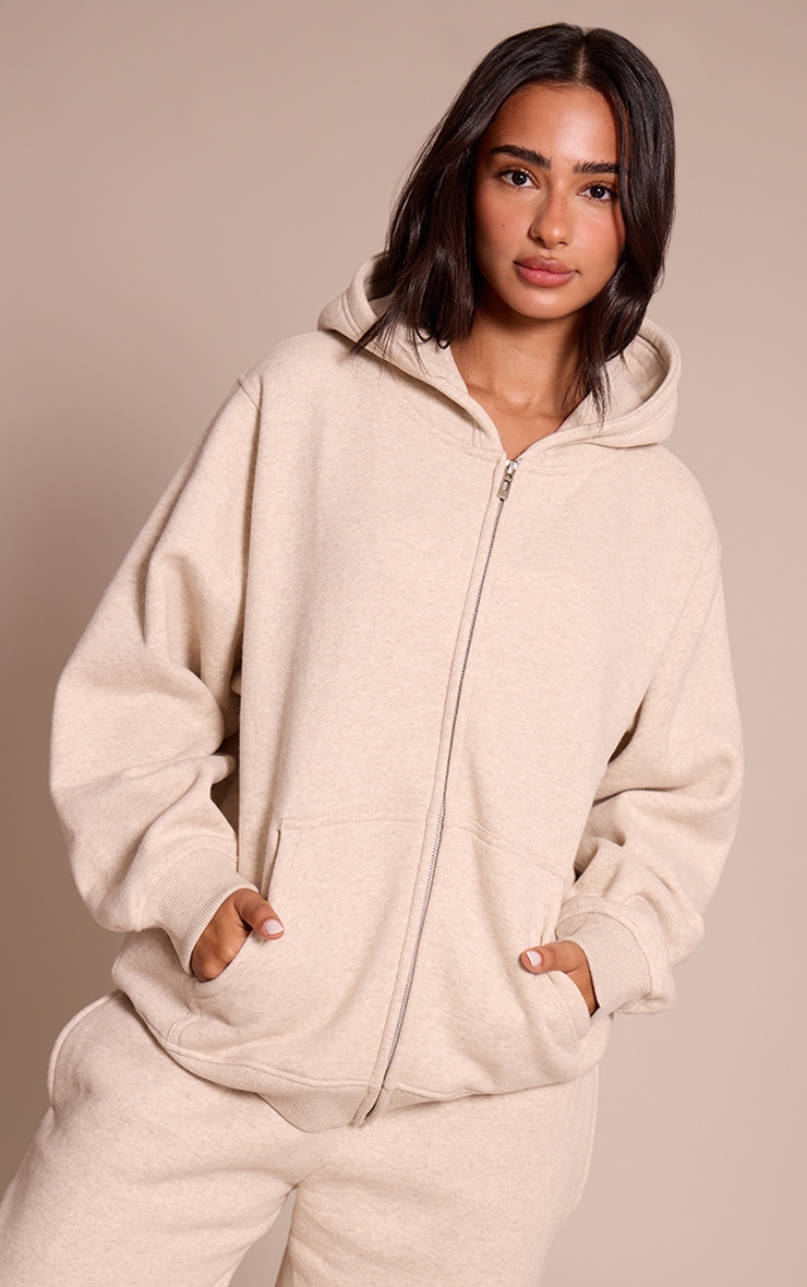 Petite Oatmeal Cotton Fleece Full Zip Hoodie image 1