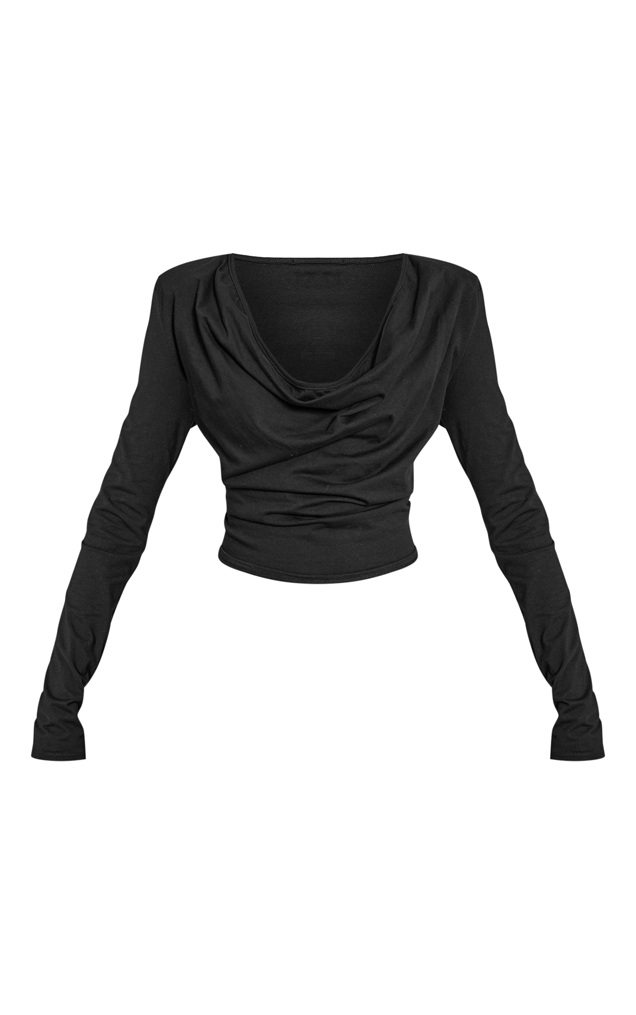 Black Cotton Cowl Neck Shoulder Pad Long Sleeve Top  image 5