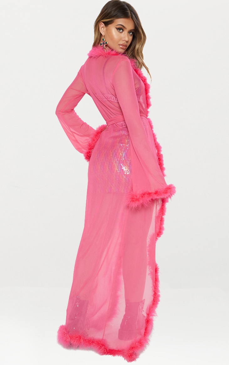 Pink Sheer Feather Trim Maxi Duster PrettyLittleThing