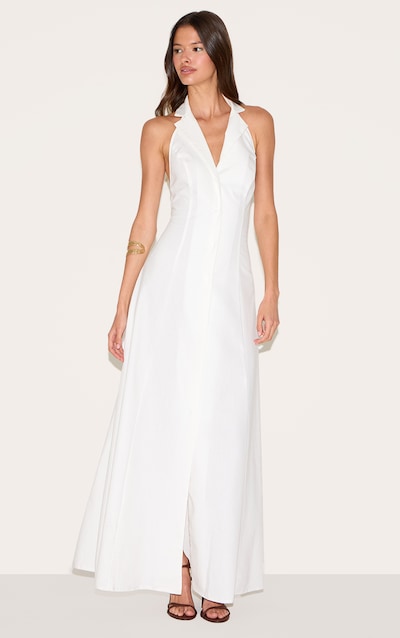 White Button Down Collar Detail Maxi Dress