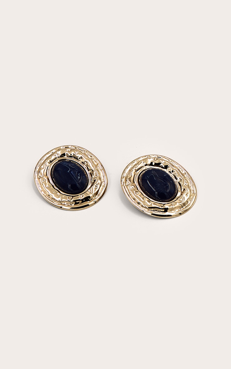 Gold Texture Navy Centre Statement Earrings image 2