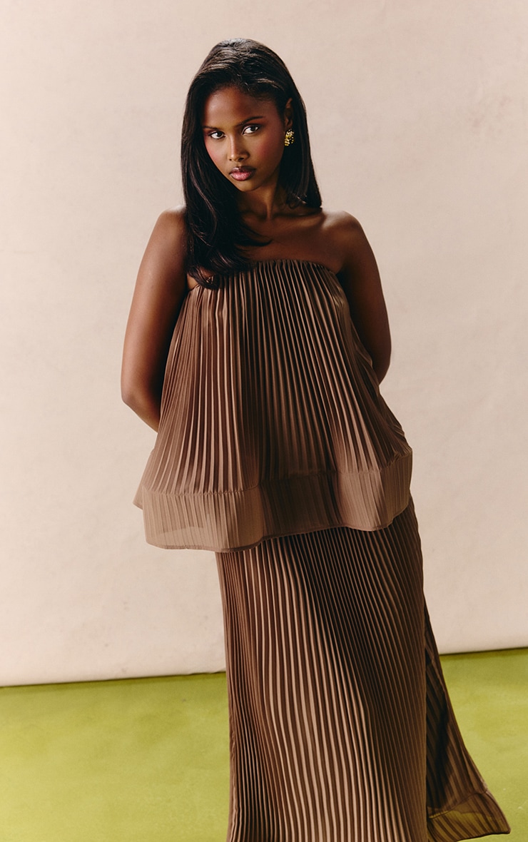 Taupe Chiffon Plisse Structured Bandeau Top