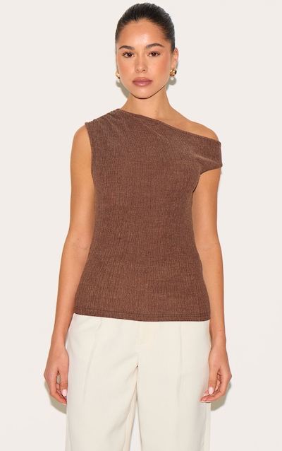 Chocolate Textured Double Layer Asymmetric Neckline Long Top