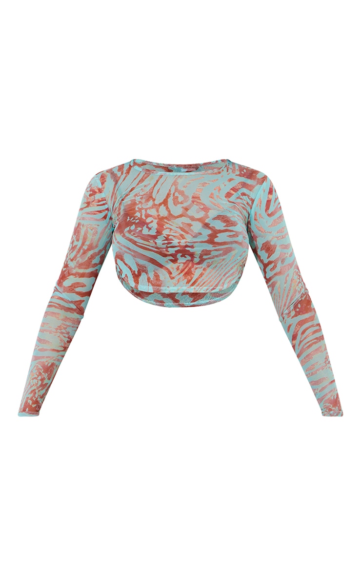 Green Printed Mesh Curved Hem Crop Top image 5