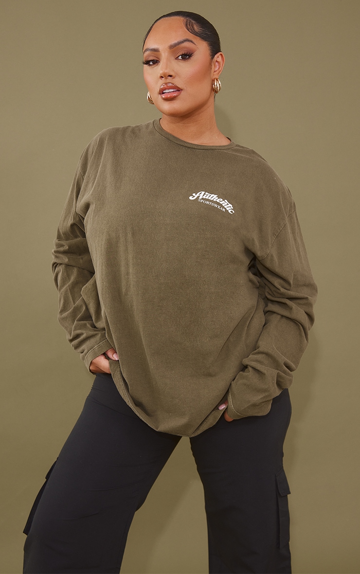 Plus Moss Khaki Authentic Sportswear Graphic Long Sleeve T Shirt image 1