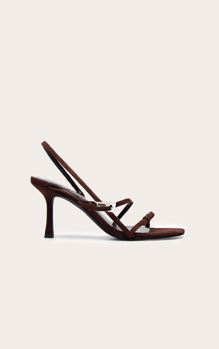 Chocolate Faux Suede Angled Toe Silver Buckle Detail Heeled Sling Back image 2