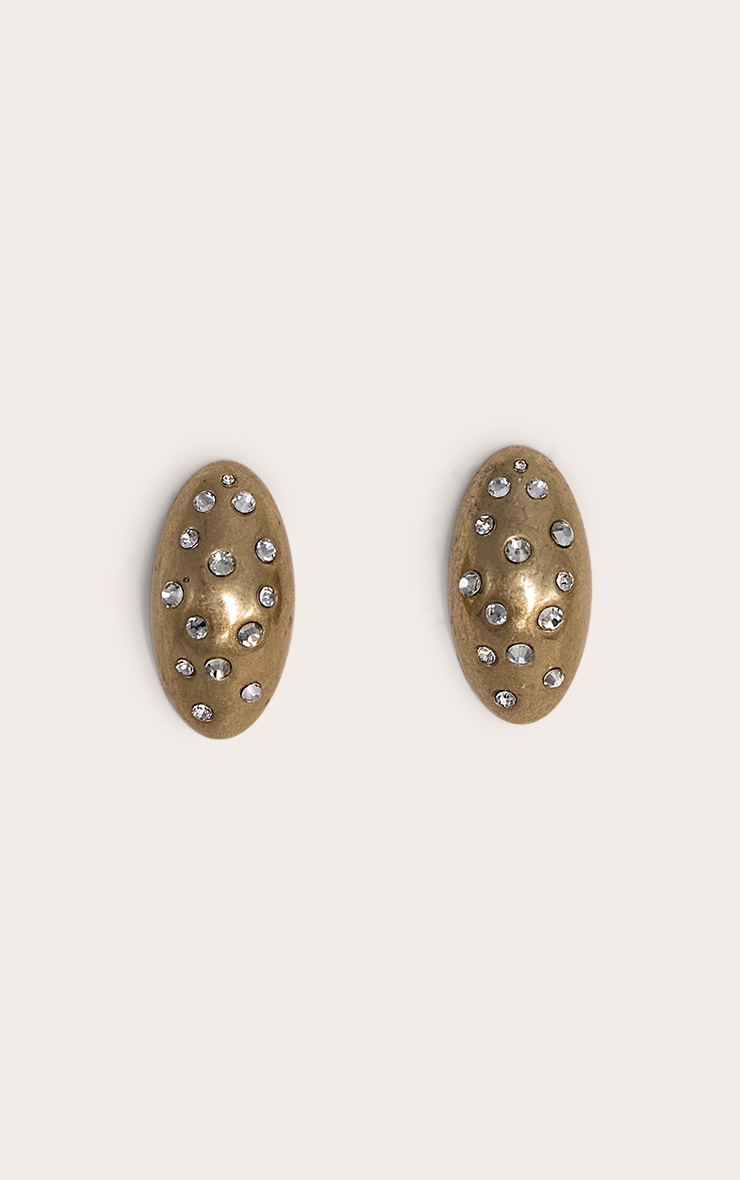 Gold Brushed Dome Diamante Stud Earrings image 2