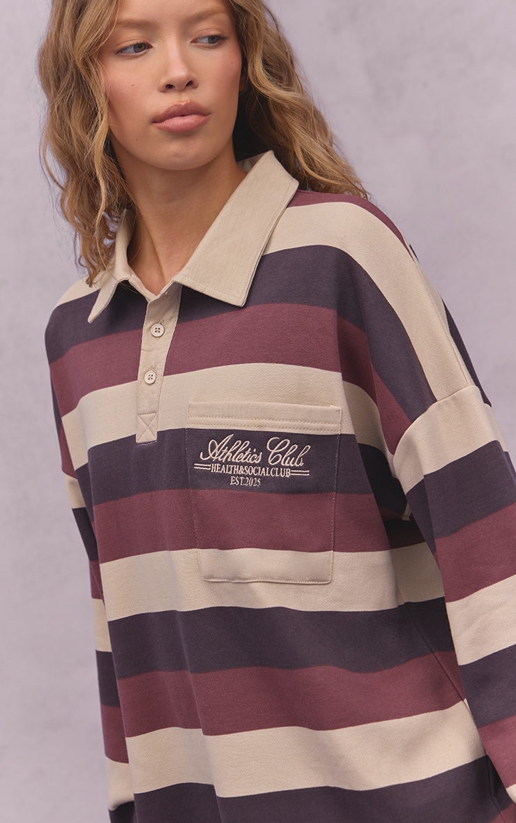 Plum and Cream Athletics Club Stripe Polo Tshirt image 4