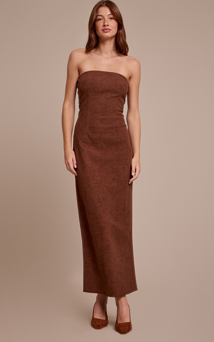 Chocolate Faux Suede Bandeau Maxi Dress image 3