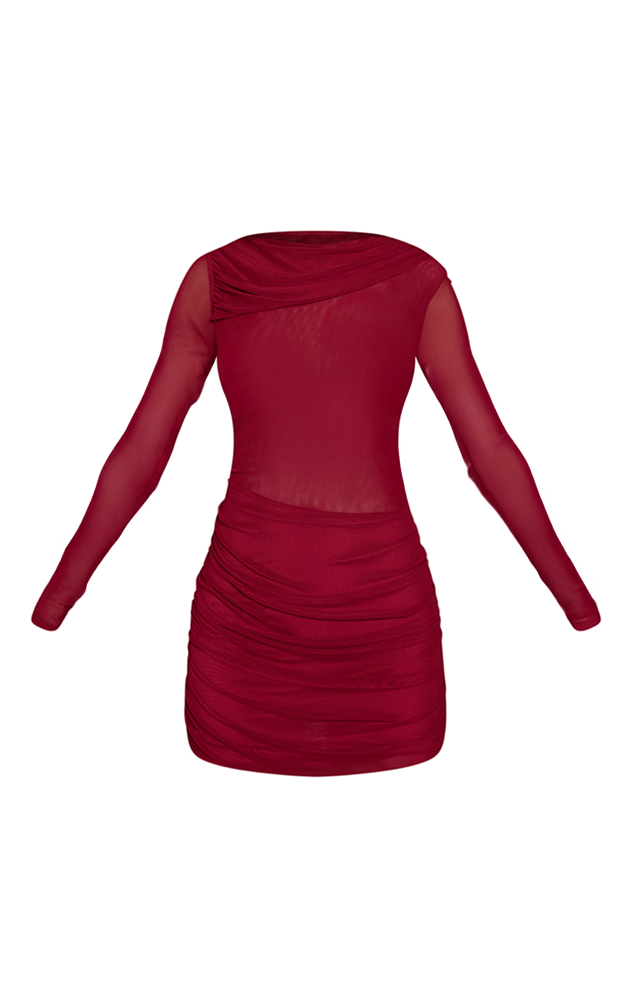 Burgundy Mesh Long Sleeve Drape Mini Dress image 5