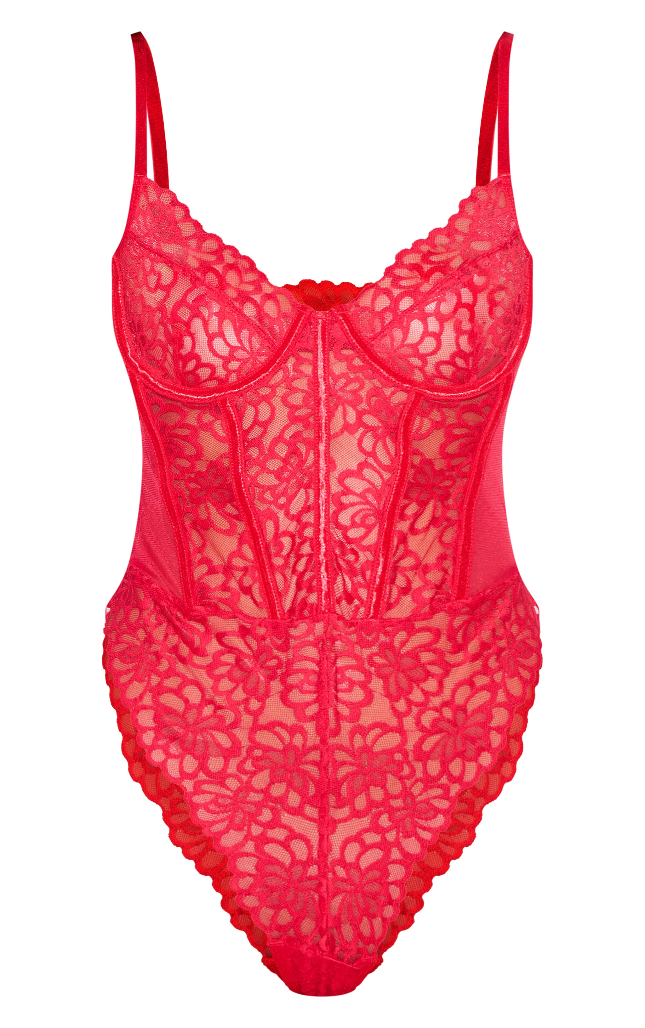 Red Floral Scalloped Edge Lace Cut Out Bodysuit image 5