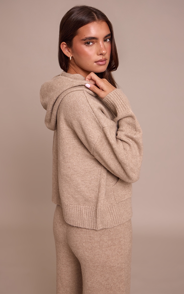 Taupe Zip Through Knitted Hoodie image 2