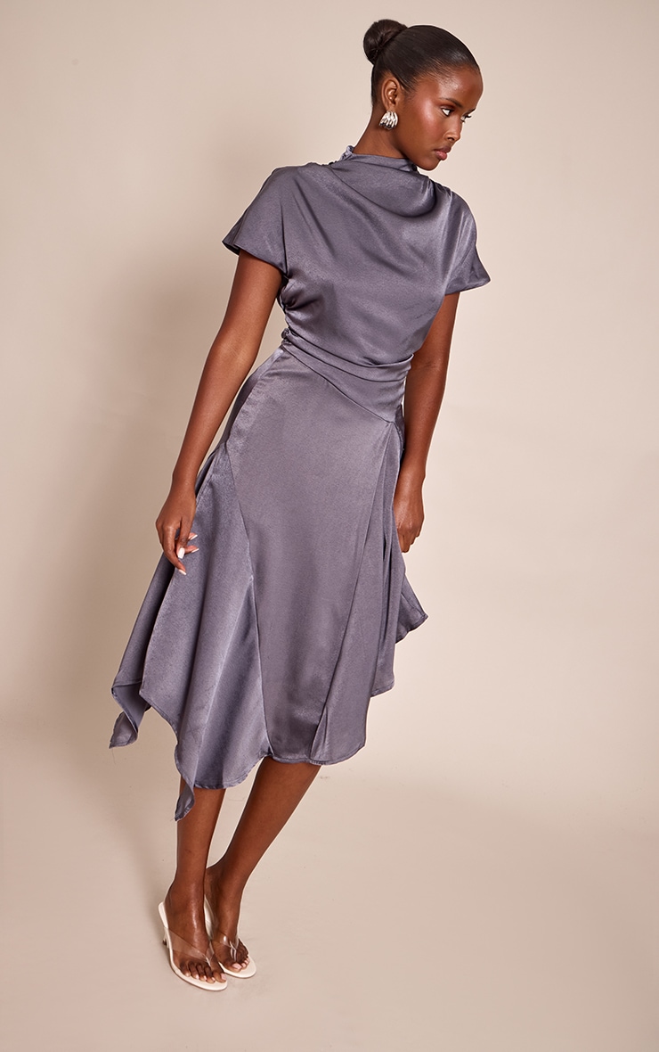 Grey Satin Draped Hanky Hem Midaxi Dress image 3