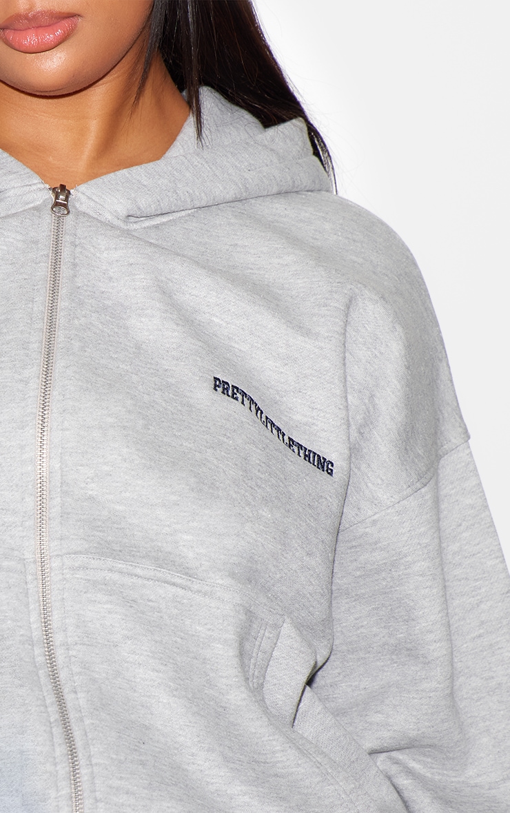 PRETTYLITTLETHING Plus Ash Grey Embroidered Zip Through Hoodie image 4