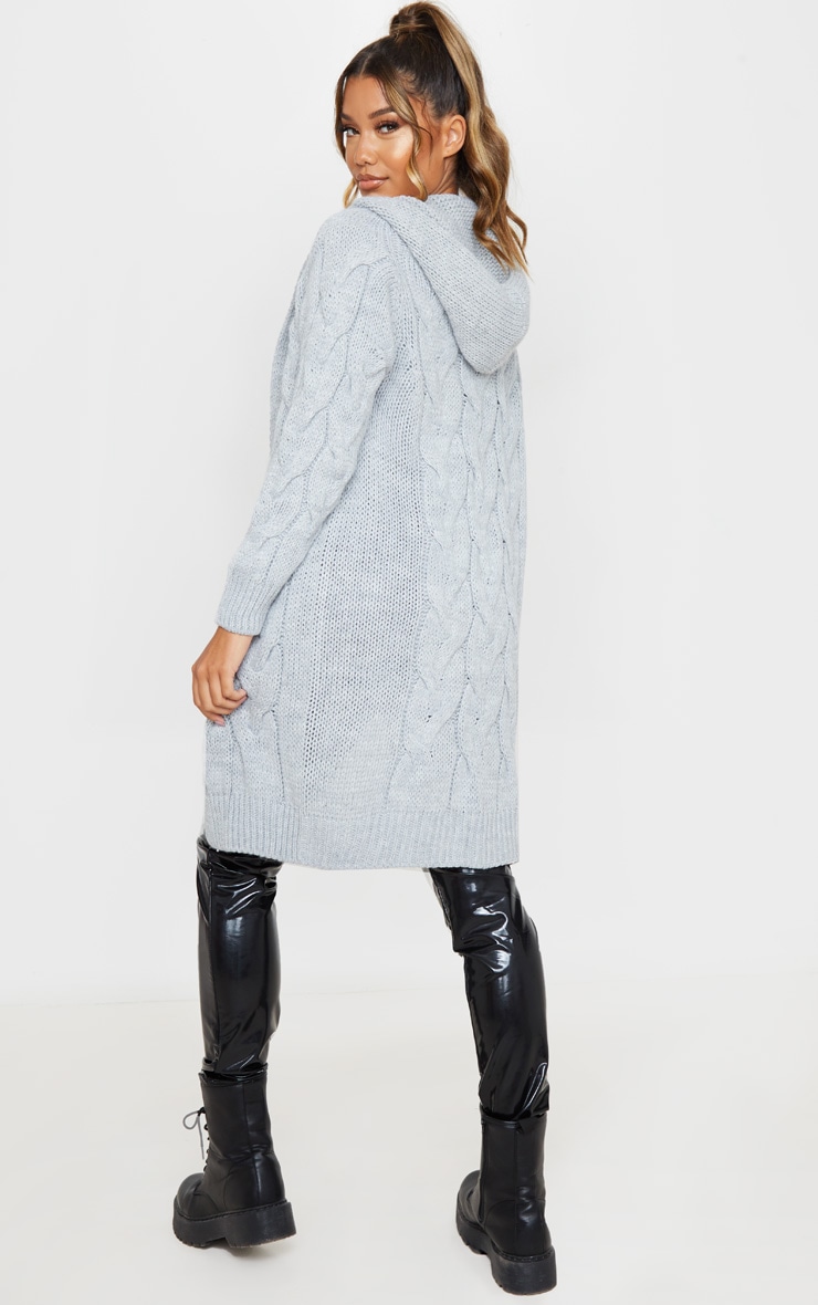 Charcoal Hooded Cable Knit Longline Cardigan PrettyLittleThing