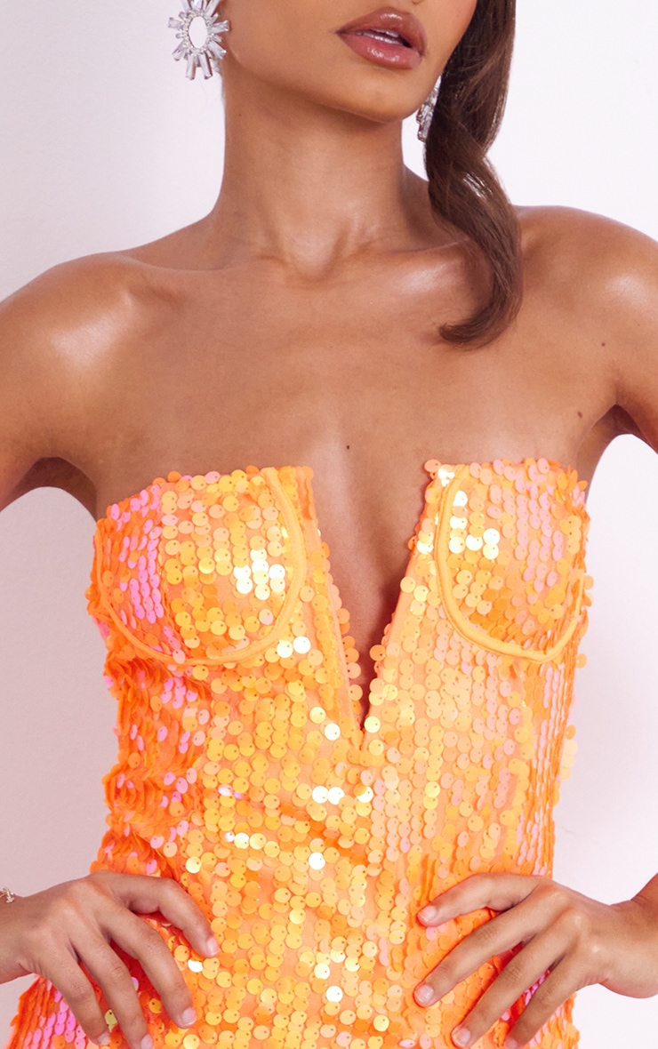 Petite Neon Orange Sequin Corset Detail Bodycon Mini Dress image 4