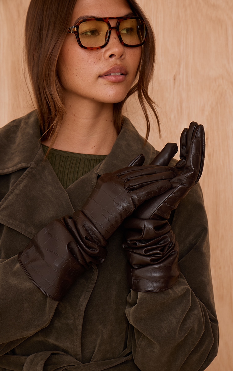 Chocolate Croc Faux Leather Long Gloves image 1