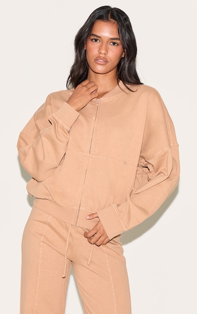 Stone Washed Seam Detail Zip Up Bomber Style Sweatshirt